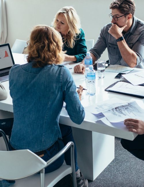 Businessman giving demonstrating on laptop to colleagues